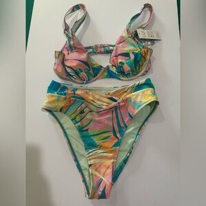 Cupshe Floral Tropical Bikini Set High Cut Small Pink Orange Blue